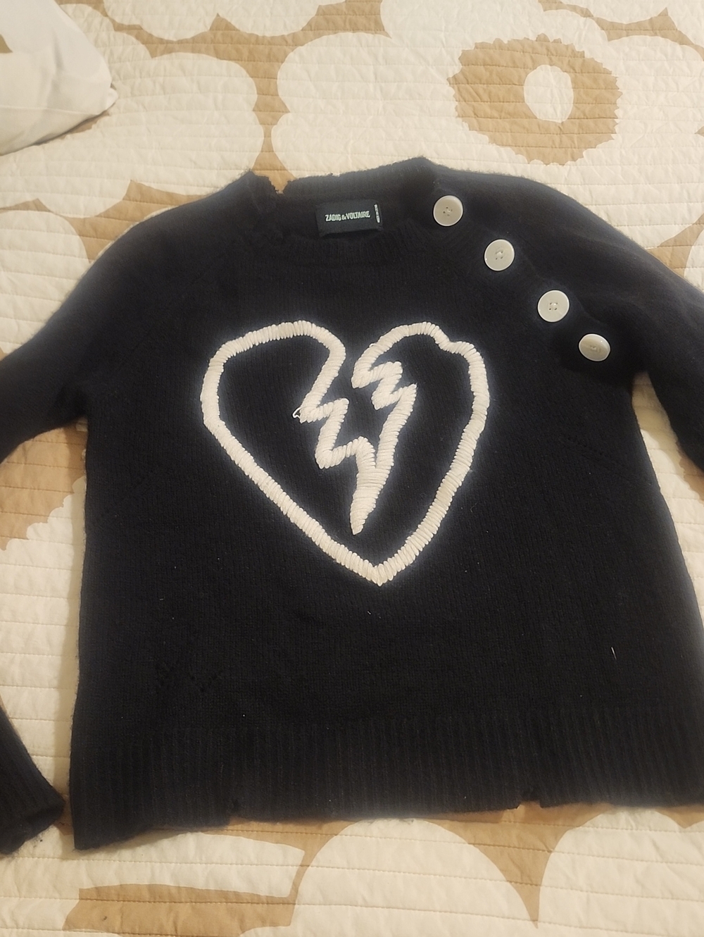 Zadig & Voltaire Black  Sweater with White Broken Heart and Shoulder Buttons